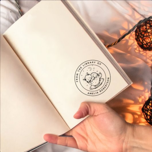 Aangepaste Sleeping Kitten in een Teacup Bookplate Rubberstempel