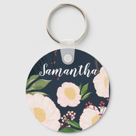 Aangepaste Sleutelhanger White Floral Flowers op D (Voorkant)