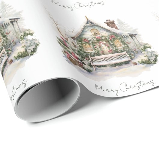 Aangepaste Sneeuw Winter Boerderij Waterverf Chris Cadeaupapier (Rol Hoek)