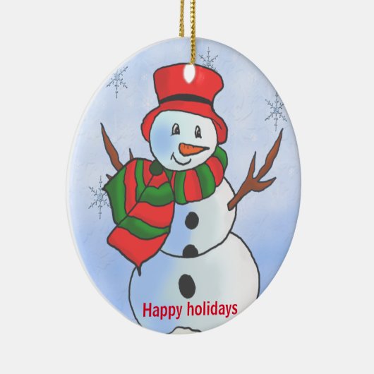 Aangepaste sneeuwpop op sneeuw en sneeuwvlokken keramisch ornament (Rechts)