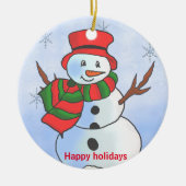 Aangepaste sneeuwpop op sneeuw en sneeuwvlokken keramisch ornament (Voorkant)