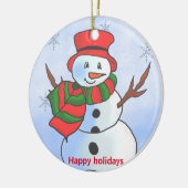 Aangepaste sneeuwpop op sneeuw en sneeuwvlokken keramisch ornament (Links)