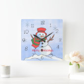 Aangepaste sneeuwpop op sneeuw en sneeuwvlokken vierkante klok (Huis)