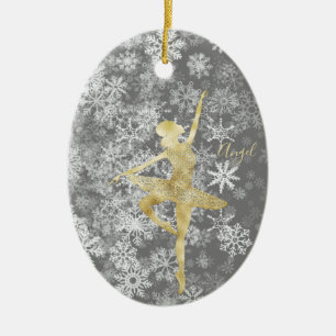 Aangepaste sneeuwvlokken Gold Foil Grey Ballerina  Keramisch Ornament