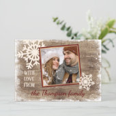 Aangepaste sneeuwvlokken & houten planken patroon feestdagenkaart (Staand voorkant)