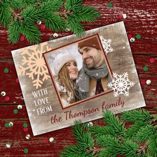 Aangepaste sneeuwvlokken & houten planken patroon feestdagenkaart