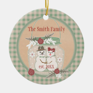 Aangepaste Snowman Couple 1e kerstfoto-versiering Keramisch Ornament