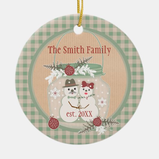 Aangepaste Snowman Couple 1e kerstfoto-versiering Keramisch Ornament (Voorkant)