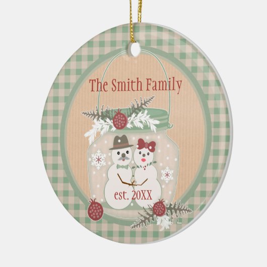 Aangepaste Snowman Couple 1e kerstfoto-versiering Keramisch Ornament (Links)