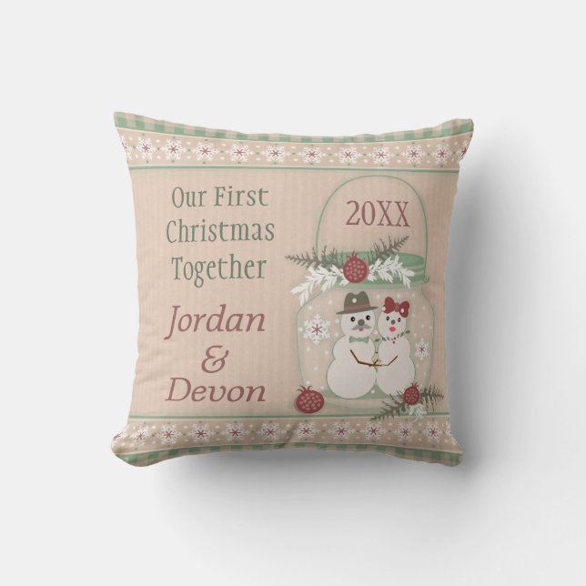 Aangepaste Snowman Couple 1e Kerstmis Kussen (Voorkant)
