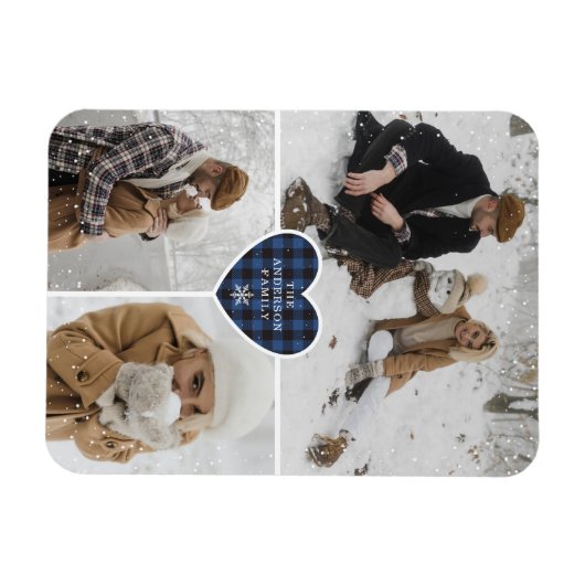 Aangepaste Snowy Blue Buffalo Plaid Foto Kerstmis Magneet (Horizontaal)
