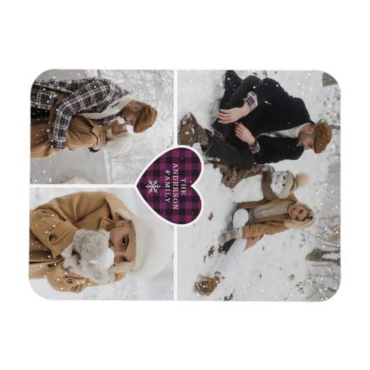 Aangepaste Snowy Paarse Buffalo Plaid Foto Kerstmi Magneet (Horizontaal)