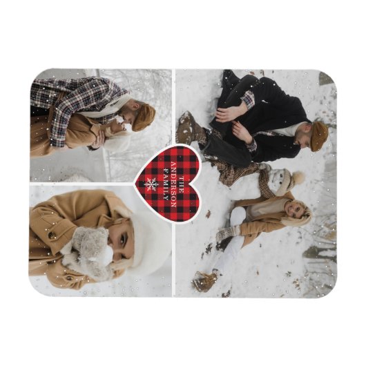 Aangepaste Snowy Red Buffalo Plaid Foto Kerstmis Magneet (Horizontaal)