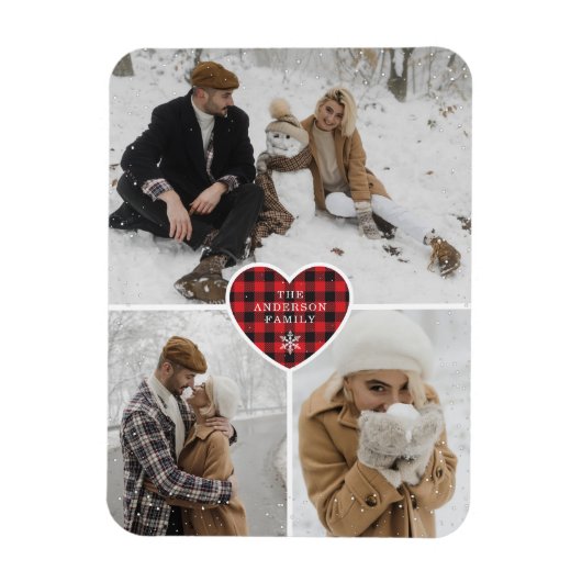 Aangepaste Snowy Red Buffalo Plaid Foto Kerstmis Magneet (Verticaal)