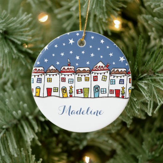Aangepaste Snowy Street Scene-kerstdecoratie Keramisch Ornament (Boom)