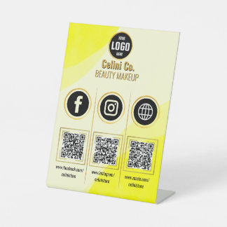 Aangepaste Sociale Media QR Code Sign - Geel Reclamebord Met Voetstuk