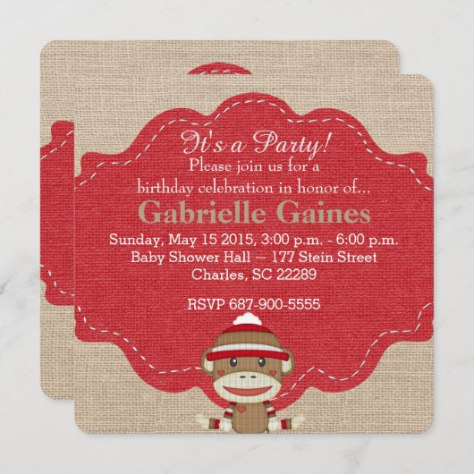 Aangepaste Sock Monkey verjaardagsfeestje uitnodig Kaart (Voorkant / Achterkant)