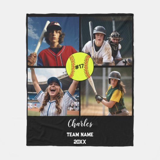 Aangepaste Softbal Fotocollage met Naam & Jaar Fleece Deken (Voorkant)