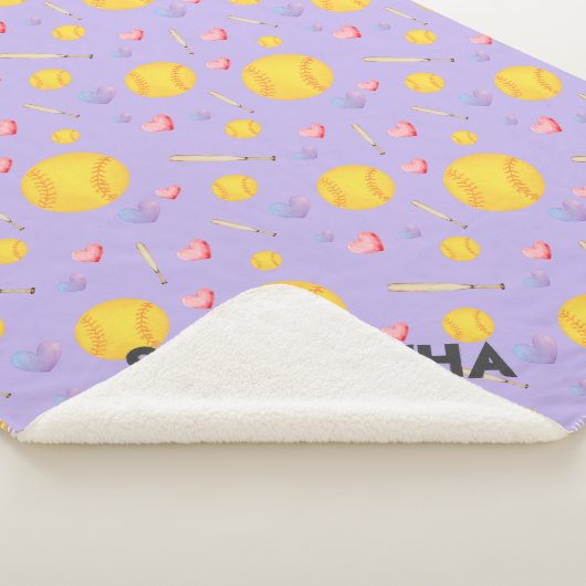 Aangepaste softbal naam nummer paarse hart sherpa deken (3/4)