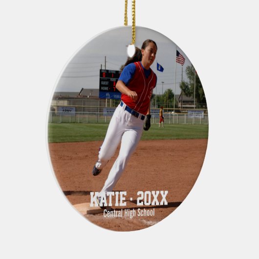 Aangepaste Softball-fotoafspeelnaam, schooljaar Keramisch Ornament (Rechts)