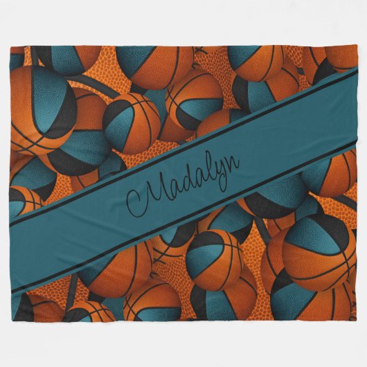 aangepaste spelersnaam blauwgroen zwart basketball fleece deken (Voorkant (Horizontaal))