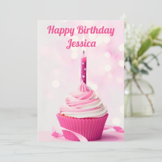 Aangepaste spoedroze cupcake Foto Happy Birthday Kaart (Staand voorkant)