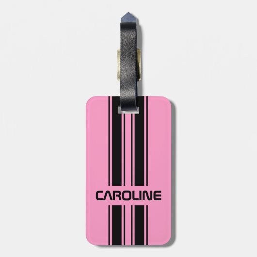 Aangepaste spoelroze zwarte racesport Stripe Bagagelabel (Achterkant verticaal)