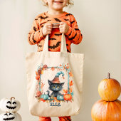 Aangepaste Spooky Black Cat Witch Pumpkin Hallowee Tote Bag