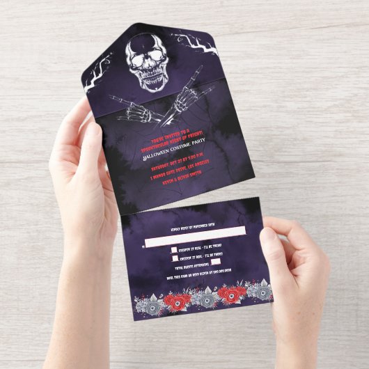 Aangepaste Spooky Skeleton Halloween Party All In One Uitnodiging (Uittrekbaar)