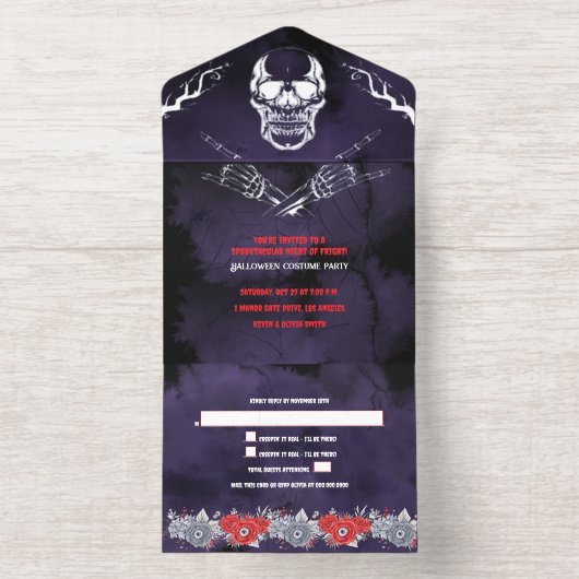 Aangepaste Spooky Skeleton Halloween Party All In One Uitnodiging (Binnenkant)