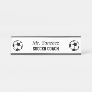 Aangepaste sportcoach zwart & wit voetbal logo bureau naambordje
