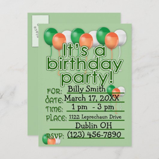 Aangepaste St Patricks Dag Verjaardagsfeestuitnodi Uitnodiging Briefkaart (Voorkant / Achterkant)