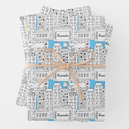 Aangepaste stadsgebouwen met retro, met de hand ge inpakpapier vel (In situ)