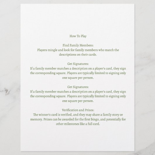 Aangepaste stamboom Bingo Regio Party Game (Achterkant)