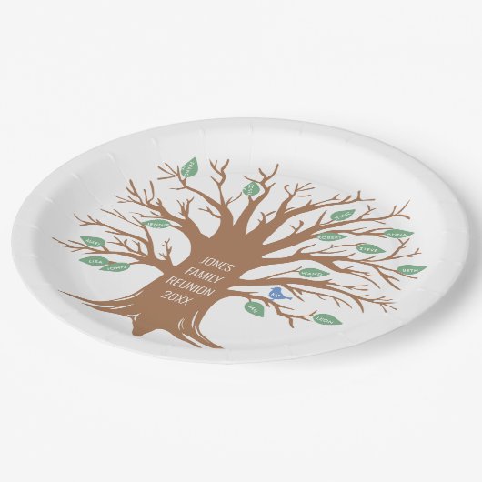 Aangepaste stamboom met bladeren en vogels papieren bordje (Gekanteld)