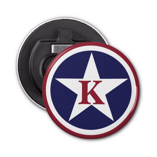 Aangepaste Star Red White Monogram Bottle Open Button Flesopener (Voorkant)