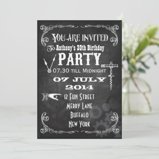 Aangepaste Steampunk Chalkboard Birthday Party nod Kaart (Staand voorkant)