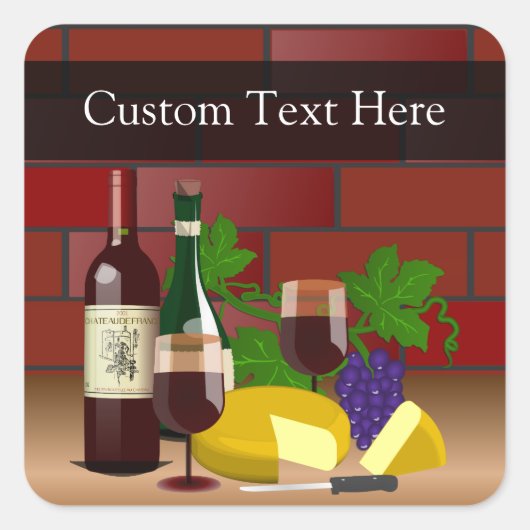 Aangepaste Sticker, Wijnkaas Tafelscène Vierkante Sticker (Voorkant)