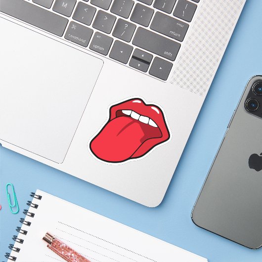 Aangepaste Stickers, Mond met Tong Uitsteken Sticker (Laptop met iPhone)