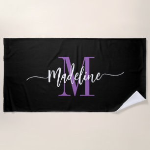 Aangepaste stijlvolle monogram naam script zwart p strandlaken
