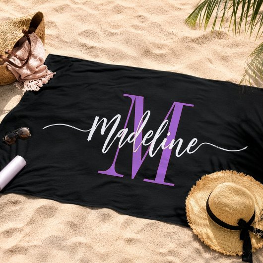 Aangepaste stijlvolle monogram naam script zwart p strandlaken