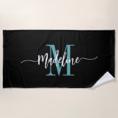 Aangepaste stijlvolle monogram naam script zwart t strandlaken (Voorkant)