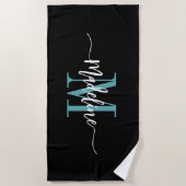 Aangepaste stijlvolle monogram naam script zwart t strandlaken (Voorkant)