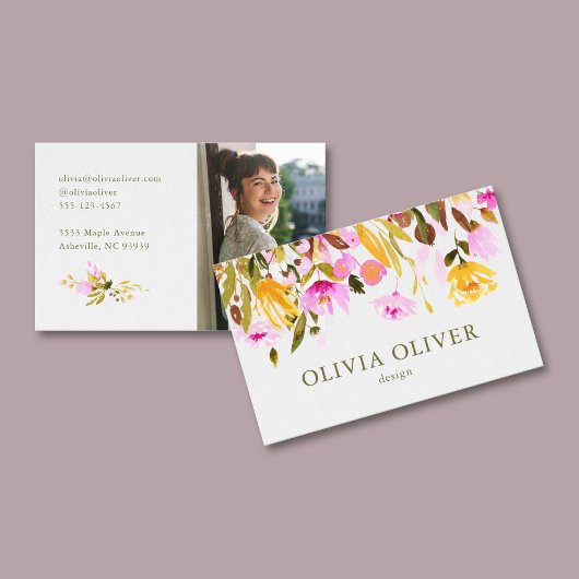 Aangepaste Stijlvolle Roze Waterverf Bloemen Foto Visitekaartje