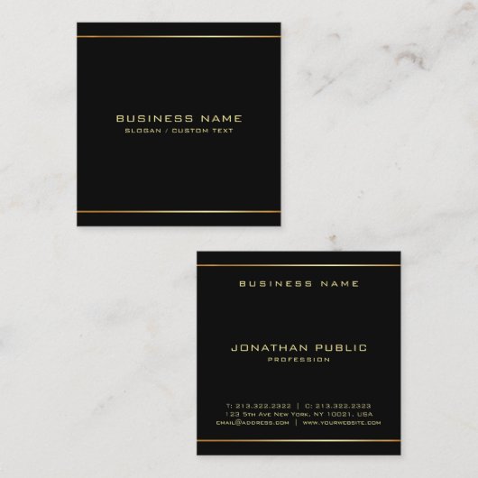 Aangepaste Stijlvolle Zwart & Goud Sjabloon Profes Vierkante Visitekaartje (Voorkant / Achterkant)