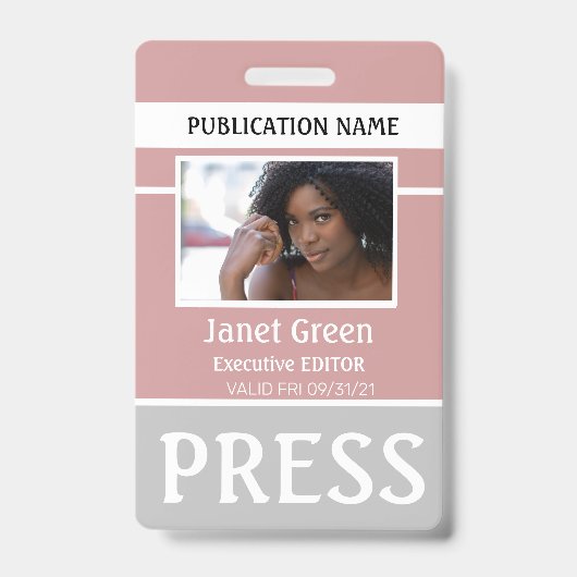Aangepaste stoffige roze foto ID verslaggever pers Badge (Voorzijde)