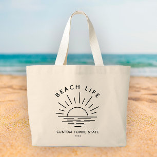 Aangepaste strand leven zonsondergang minimalistis grote tote bag