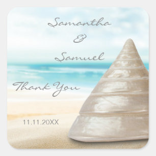 Aangepaste strand zand Zee Shell bruiloft cadeau g Vierkante Sticker