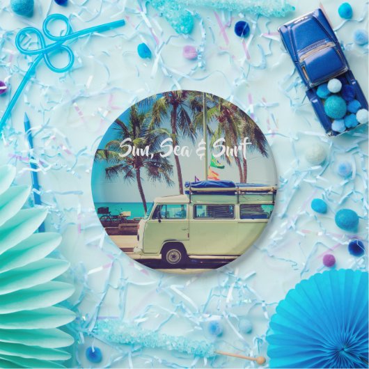 Aangepaste, strandkamperbus en palmbomen: papieren bordje (Feest)