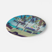 Aangepaste, strandkamperbus en palmbomen: papieren bordje (Gekanteld)